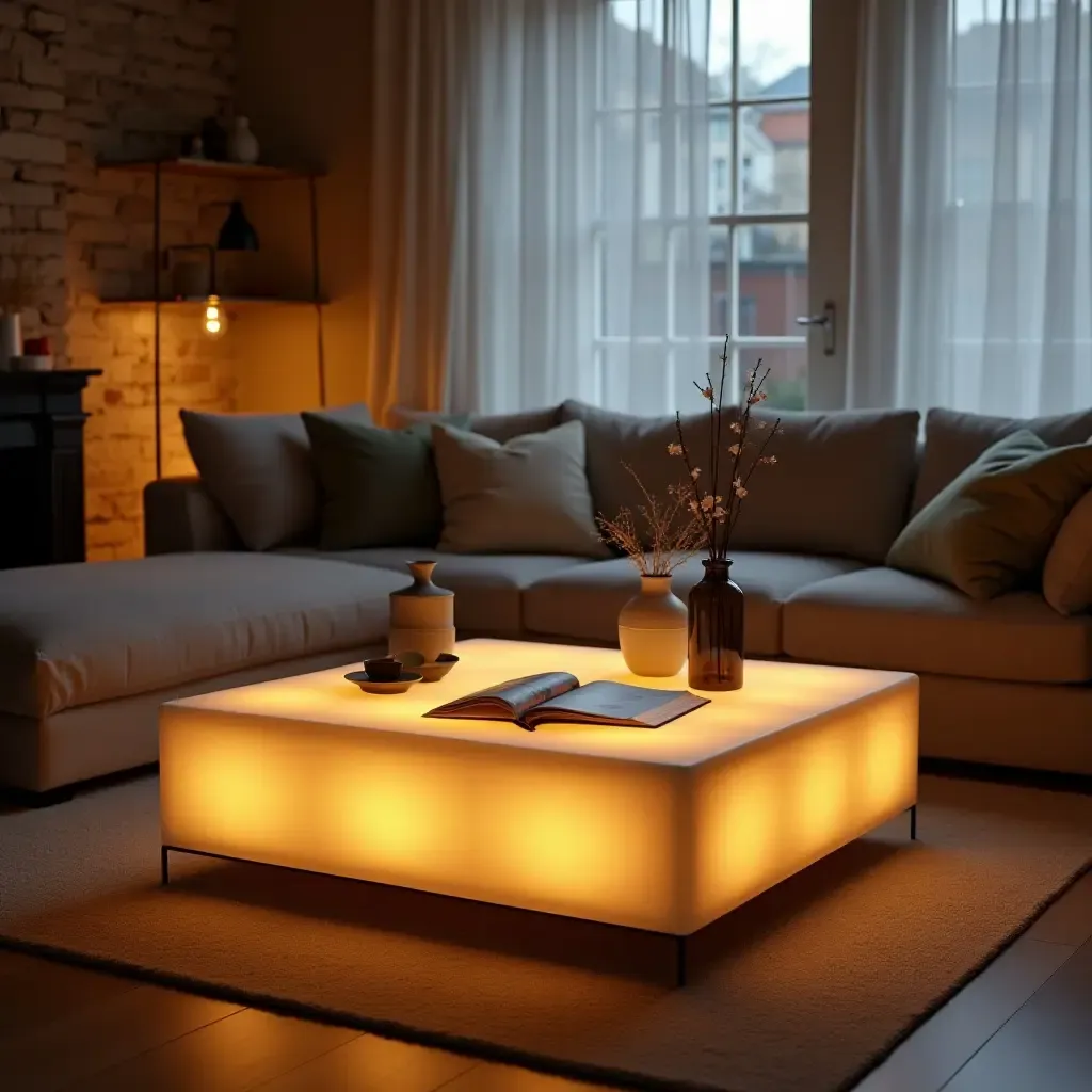 a photo of a small living room showcasing a lighted coffee table