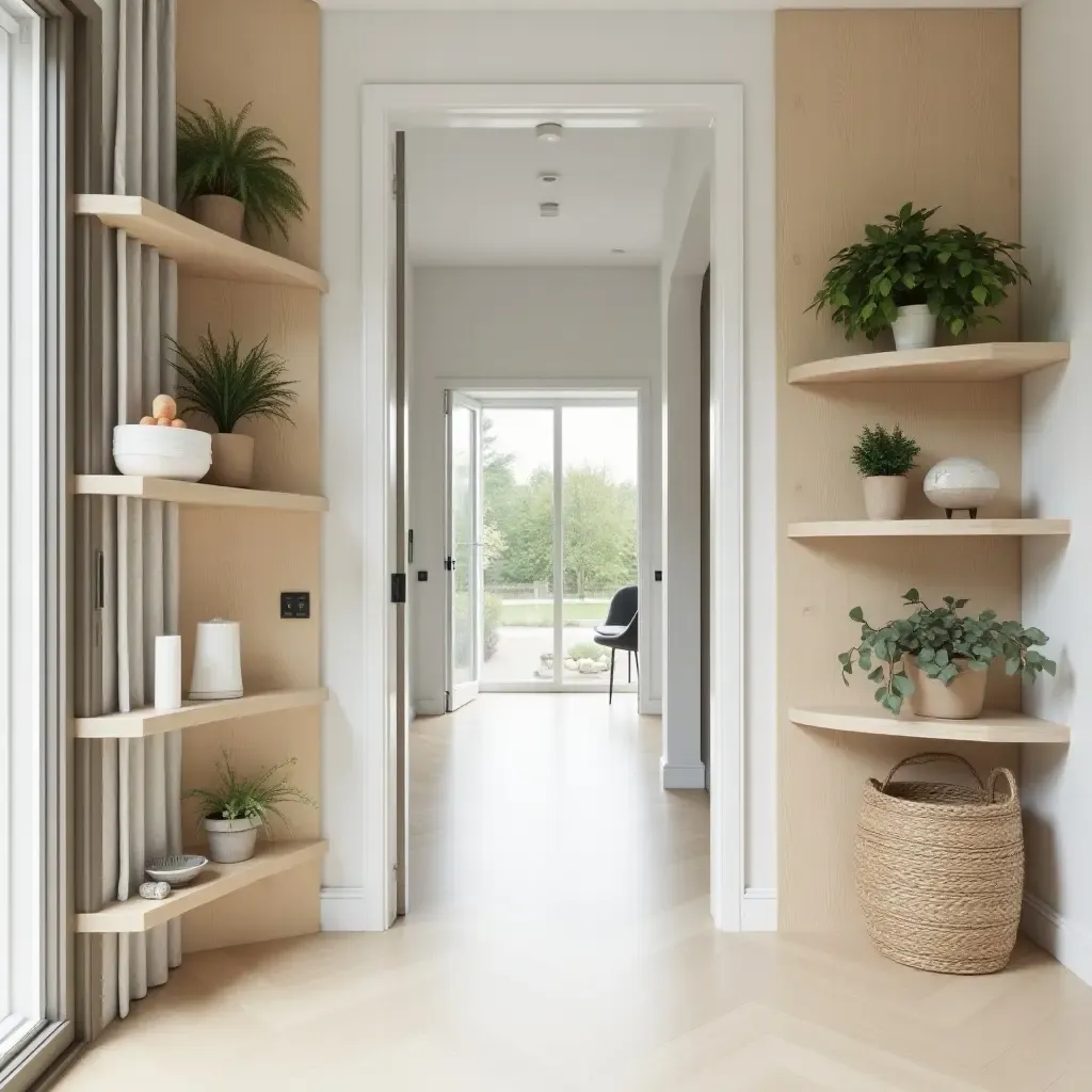 a photo of a Scandinavian-inspired corridor with natural wood shelves and plants