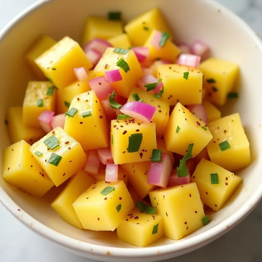 a photo of a tangy pineapple salsa with red onions and chili flakes