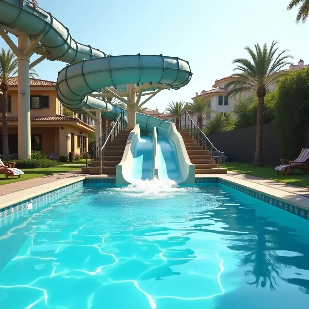 a photo of a retro-style water slide curving into a pool