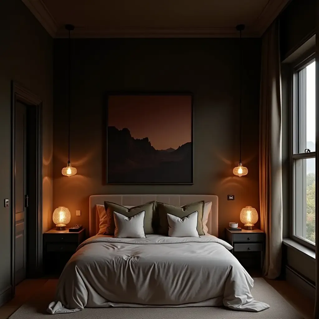 a photo of a cozy retreat with dark walls, warm lighting, and elegant decor