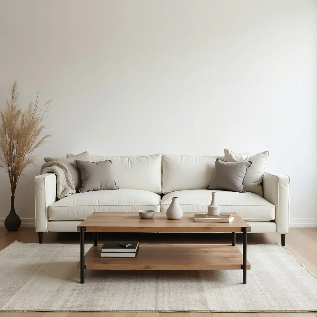 a photo of a minimalist living room with a reclaimed wood coffee table