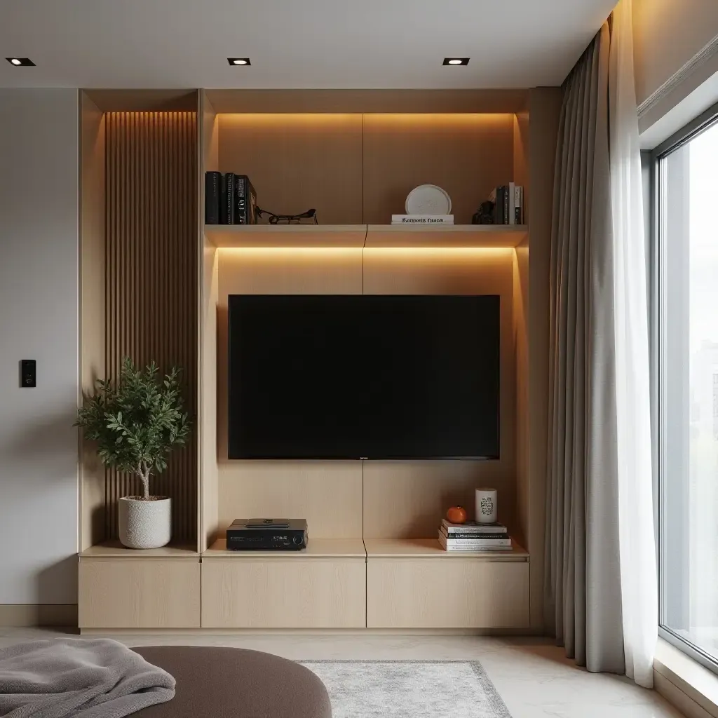 a photo of a small space with a hidden TV cabinet