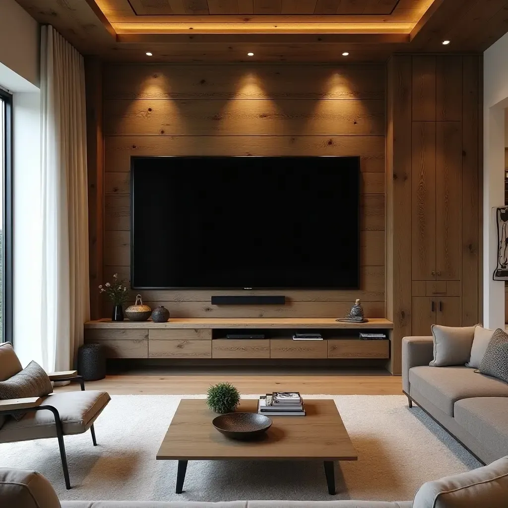 a photo of a rustic TV room with reclaimed wood accents and a large flat-screen TV