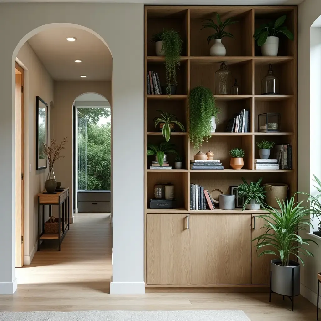 a photo of a stylish entryway featuring a plant-filled bookshelf