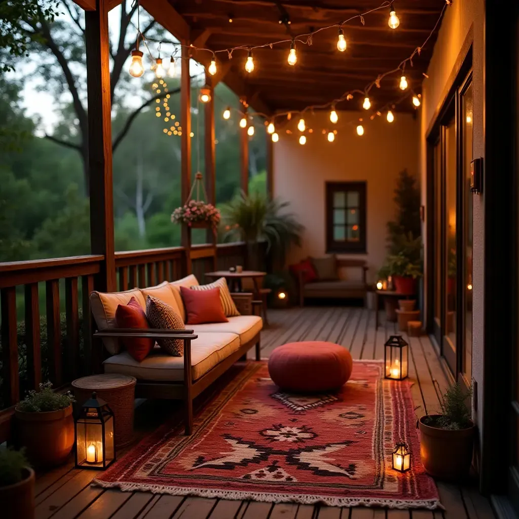 a photo of a balcony decorated with lanterns and a bohemian rug