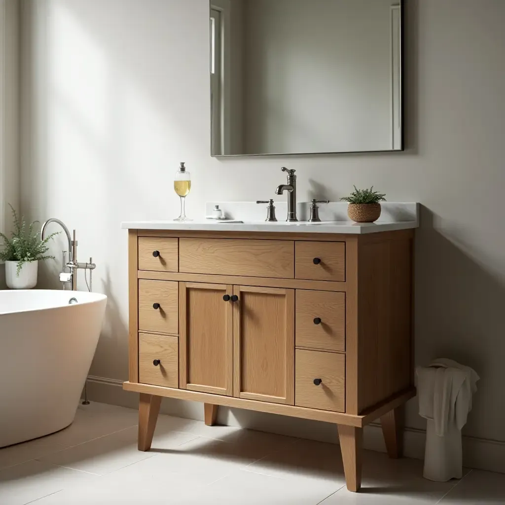 a photo of a wooden sink cabinet with elegant hardware in a bathroom