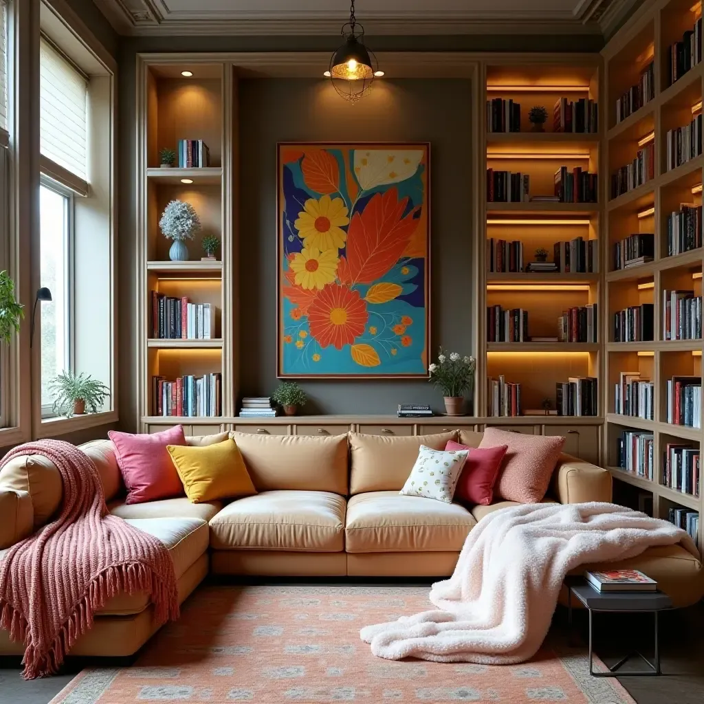 a photo of an inviting library with colorful artwork and soft throw blankets