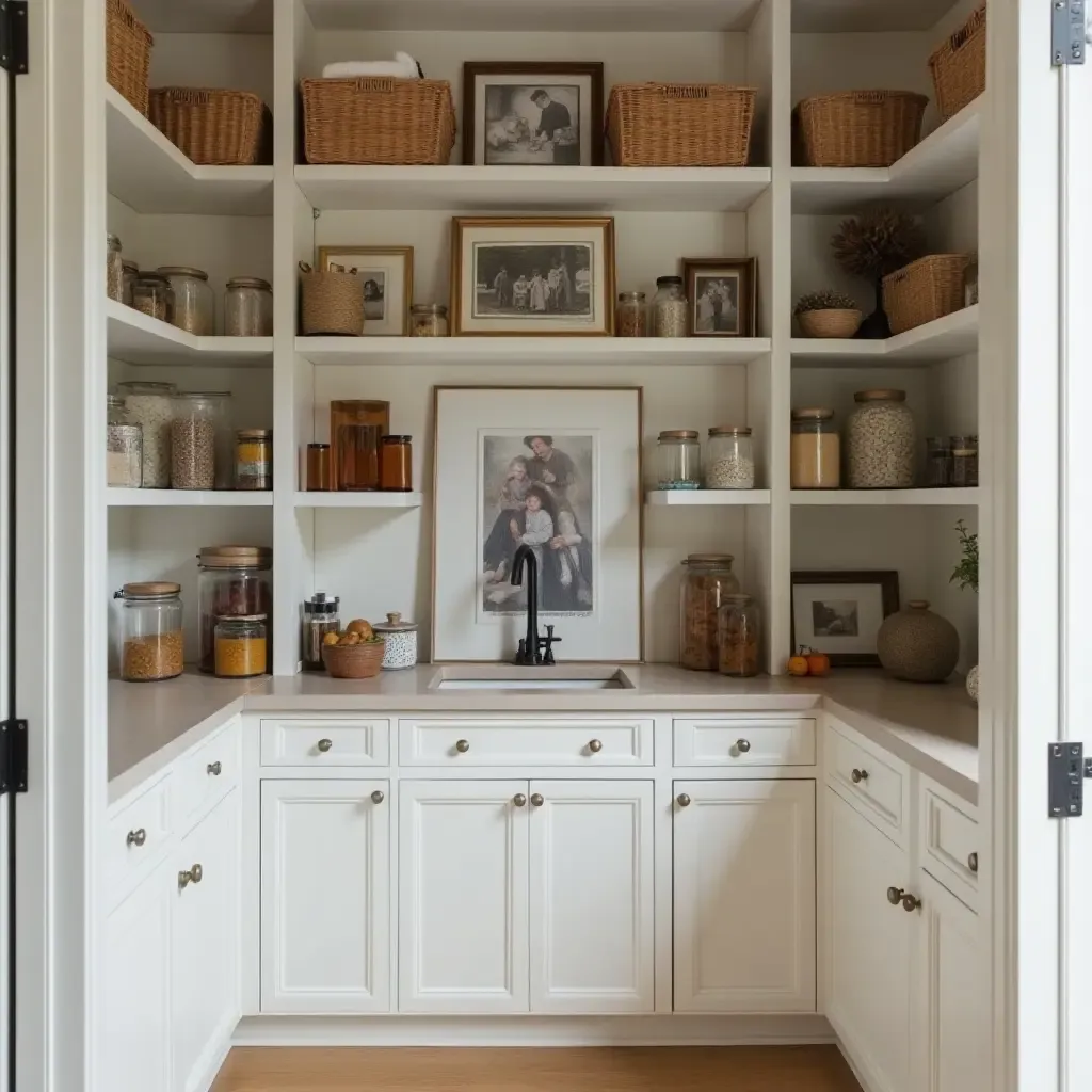 a photo of a pantry with a personal touch through family photos and art