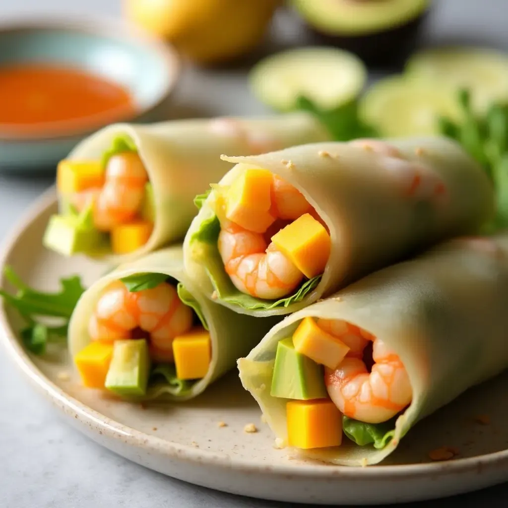 a photo of spring rolls filled with mango, avocado, and shrimp, served with spicy peanut dip.