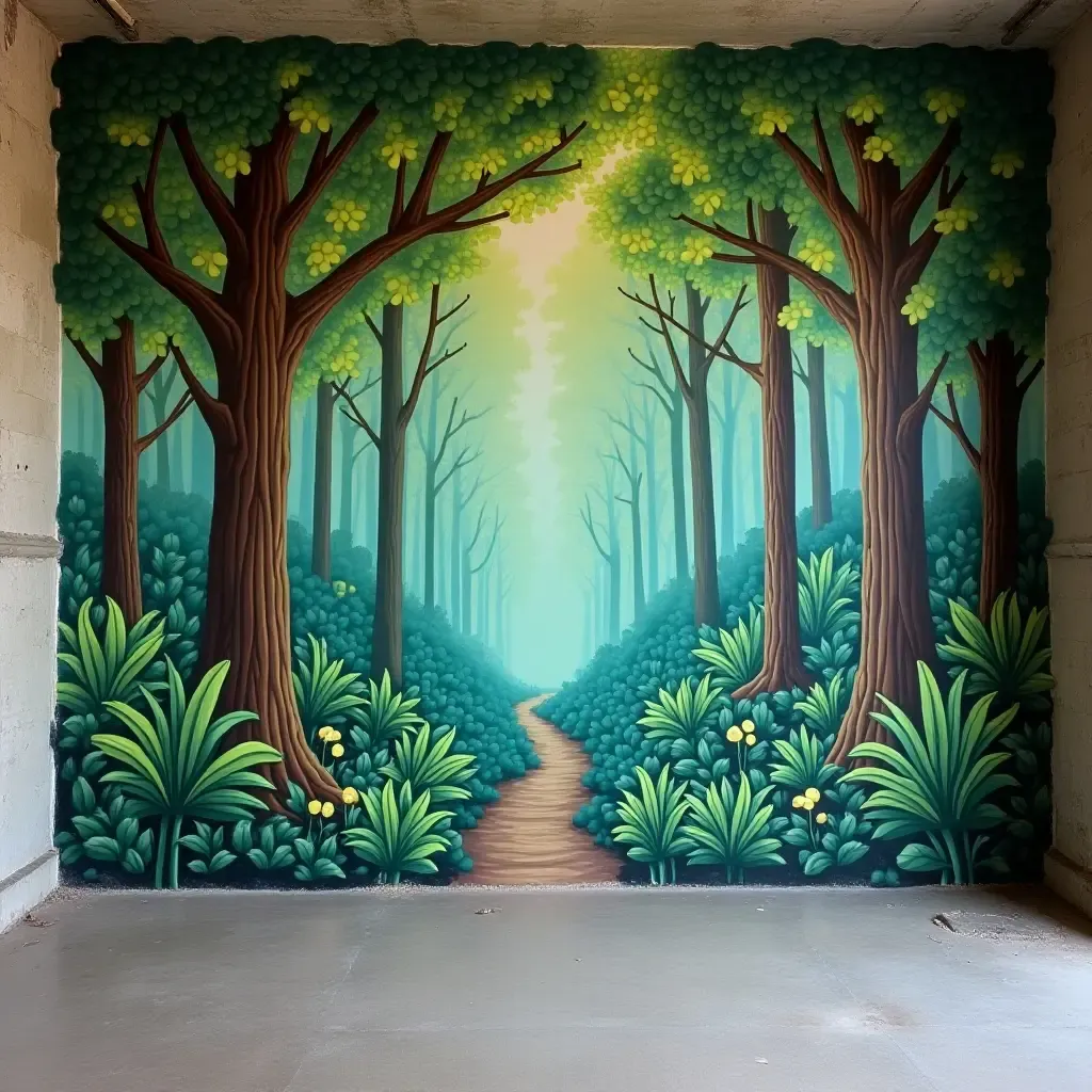 a photo of a vibrant mural of a forest scene on a basement wall