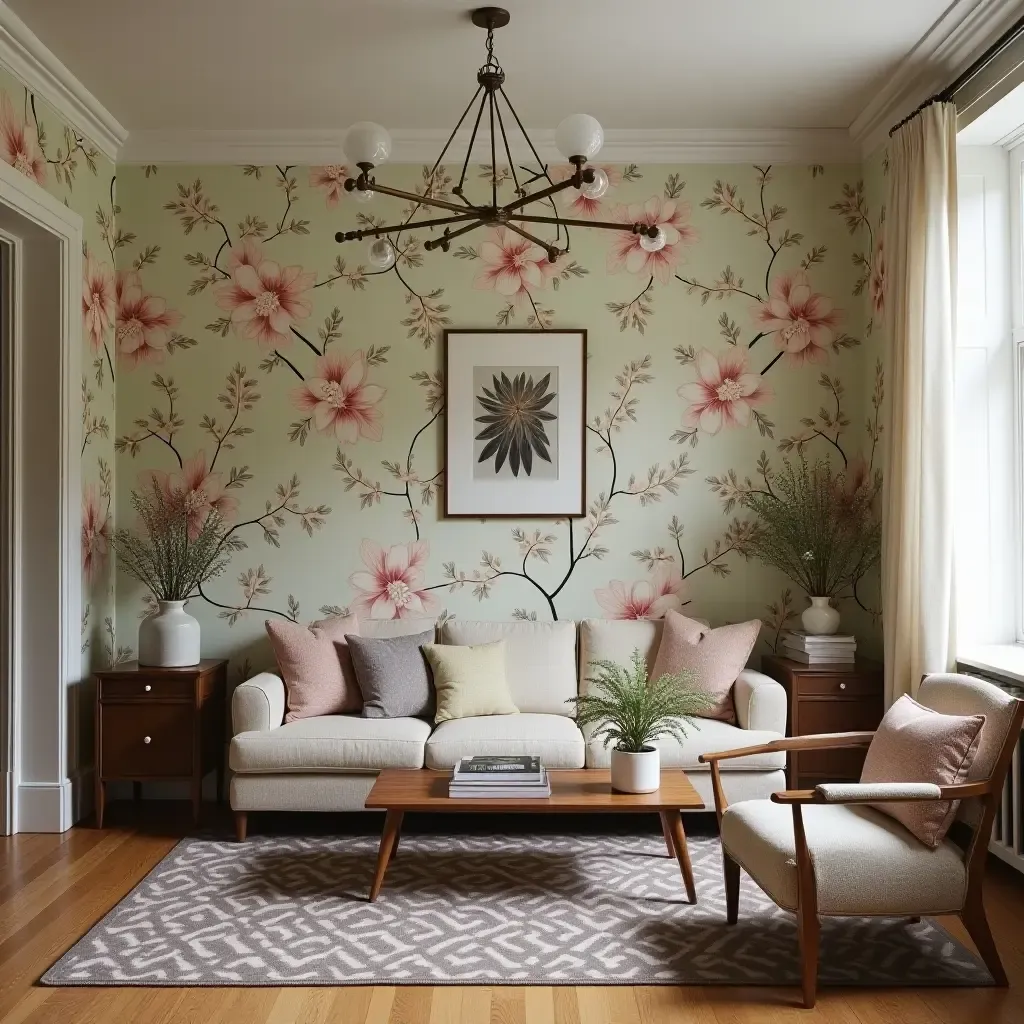 a photo of a cozy living room with floral wallpaper and vintage furniture