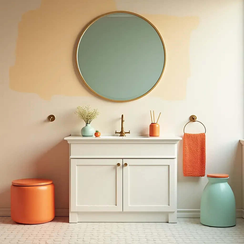 a photo of a bathroom with a bright, cheerful vanity and colorful accessories