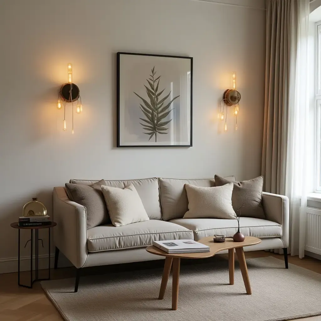 a photo of a small living room with wall sconces and artwork