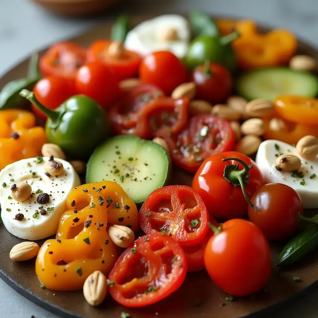 a photo of a unique antipasto platter with roasted peppers, goat cheese, and pine nuts.