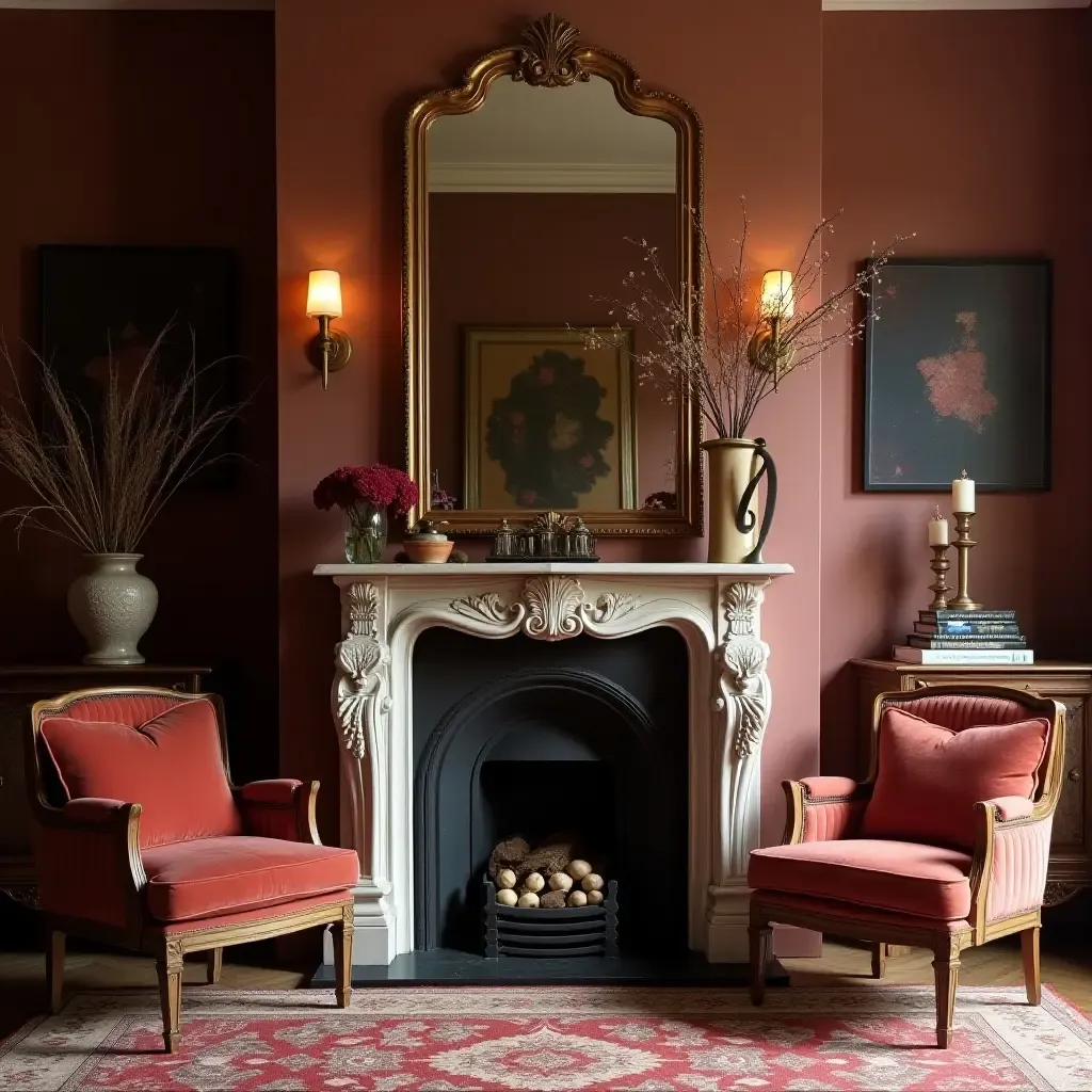 a photo of a luxurious mantel with a vintage mirror and rich textiles