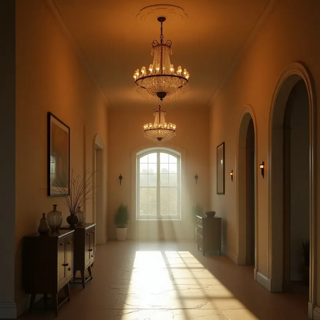 a photo of a vintage chandelier hanging in a warmly lit entrance hall