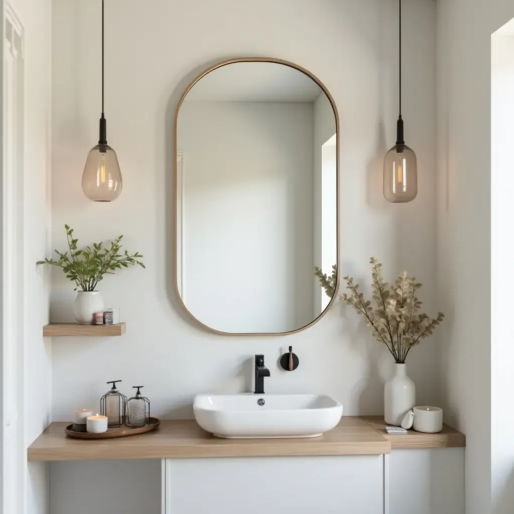 a photo of a bathroom with a unique mirror shelf for decor