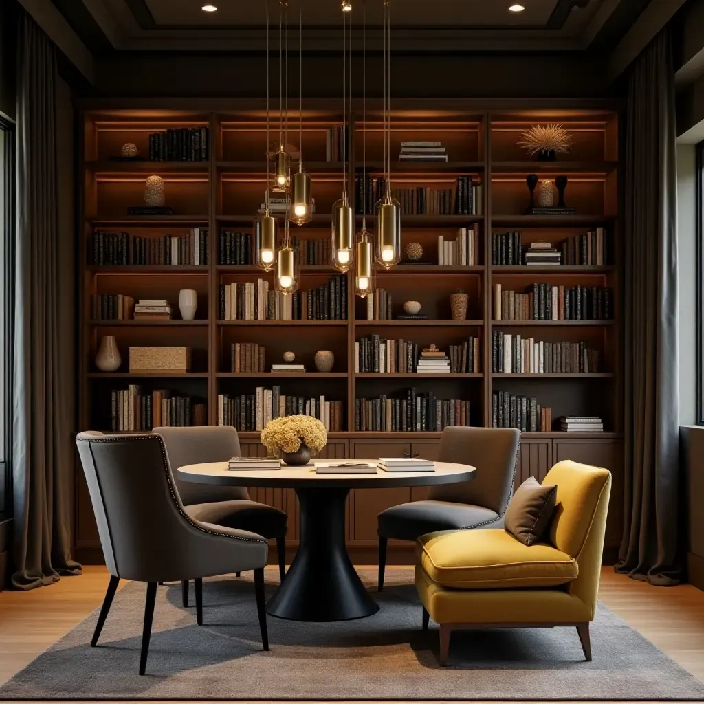 a photo of a chic library featuring gold pendant lights for a touch of luxury