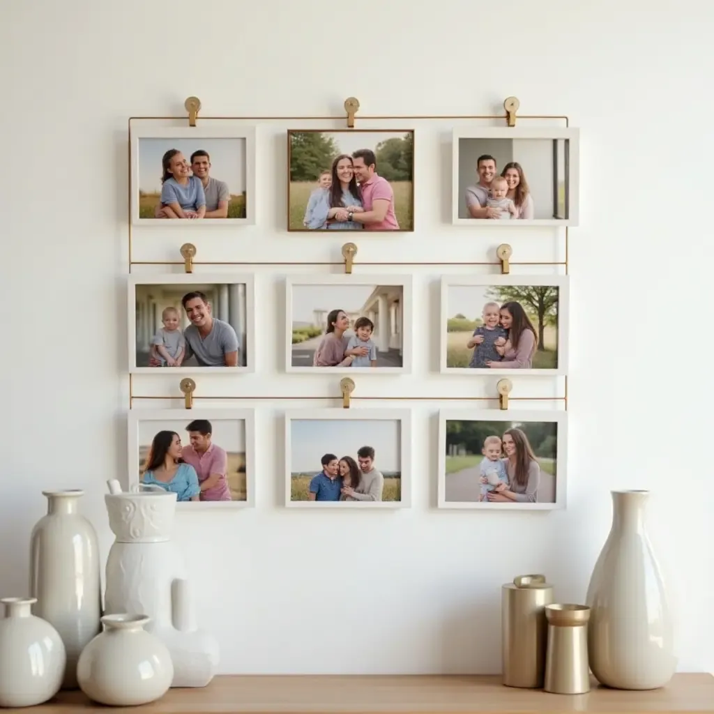 a photo of a wall-mounted clip display for rotating family pictures