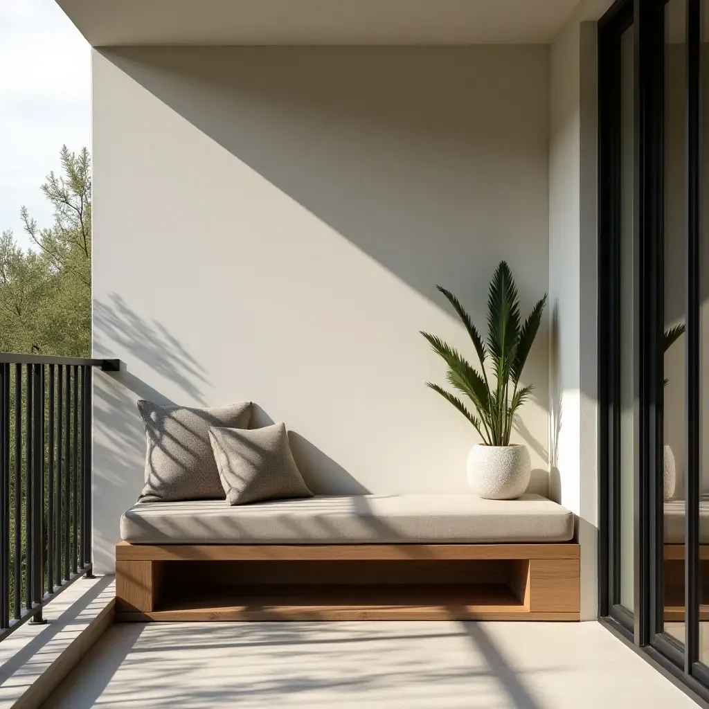 a photo of a serene balcony with hidden storage under a stylish bench