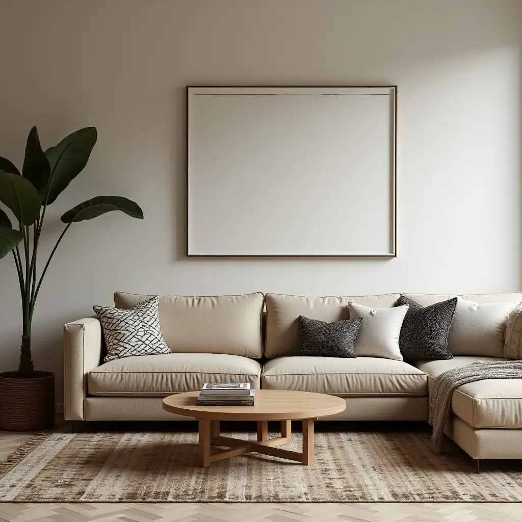 a photo of a modern boho living room with a blend of patterns and textures