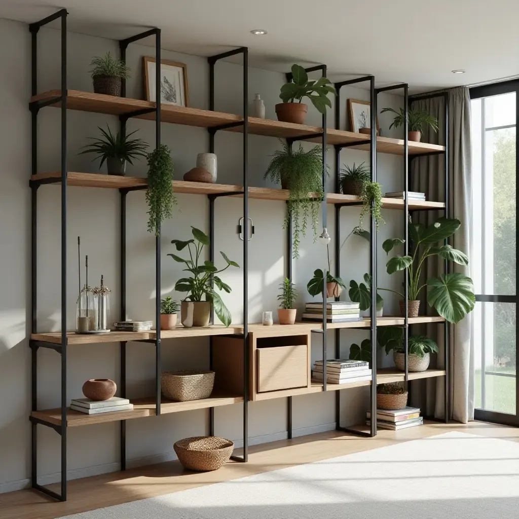 a photo of a modern basement shelving unit with plants and decor