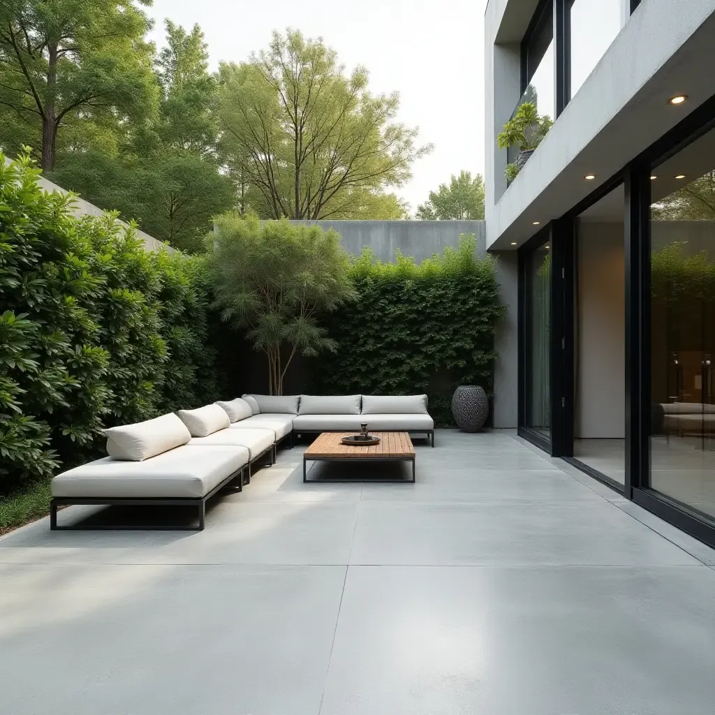 a photo of a minimalist concrete patio with sleek furniture and greenery