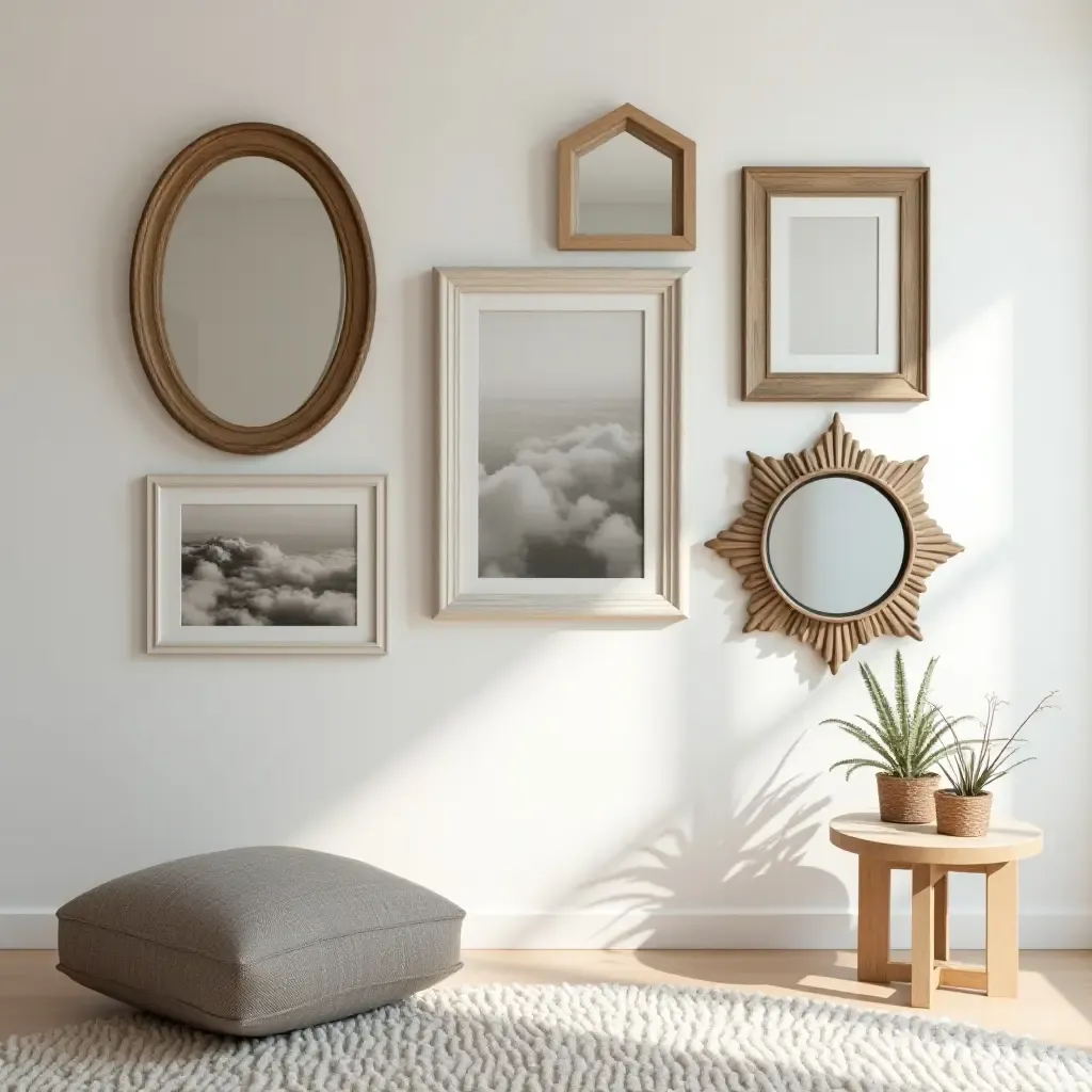 a photo of a gallery wall with a mix of framed mirrors and art