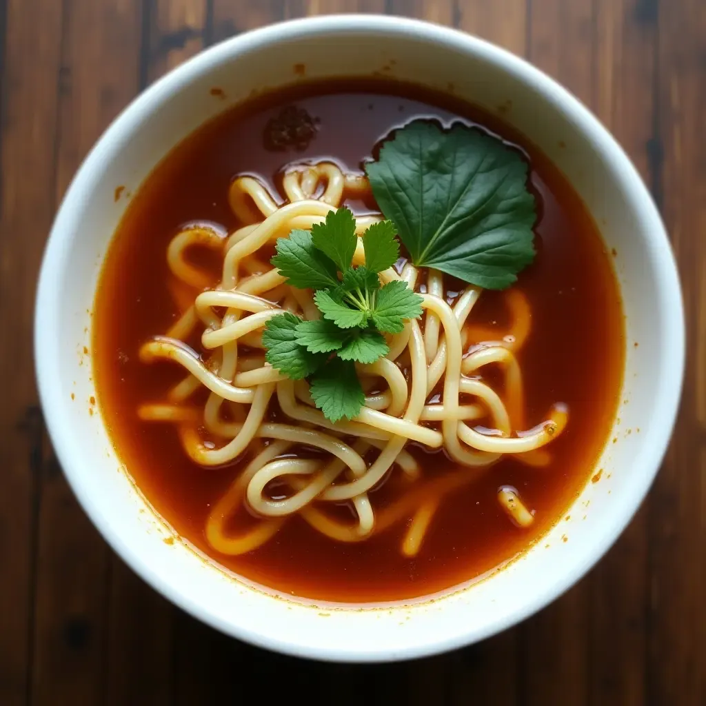 a photo of soy sauce infused soup with noodles and herbs