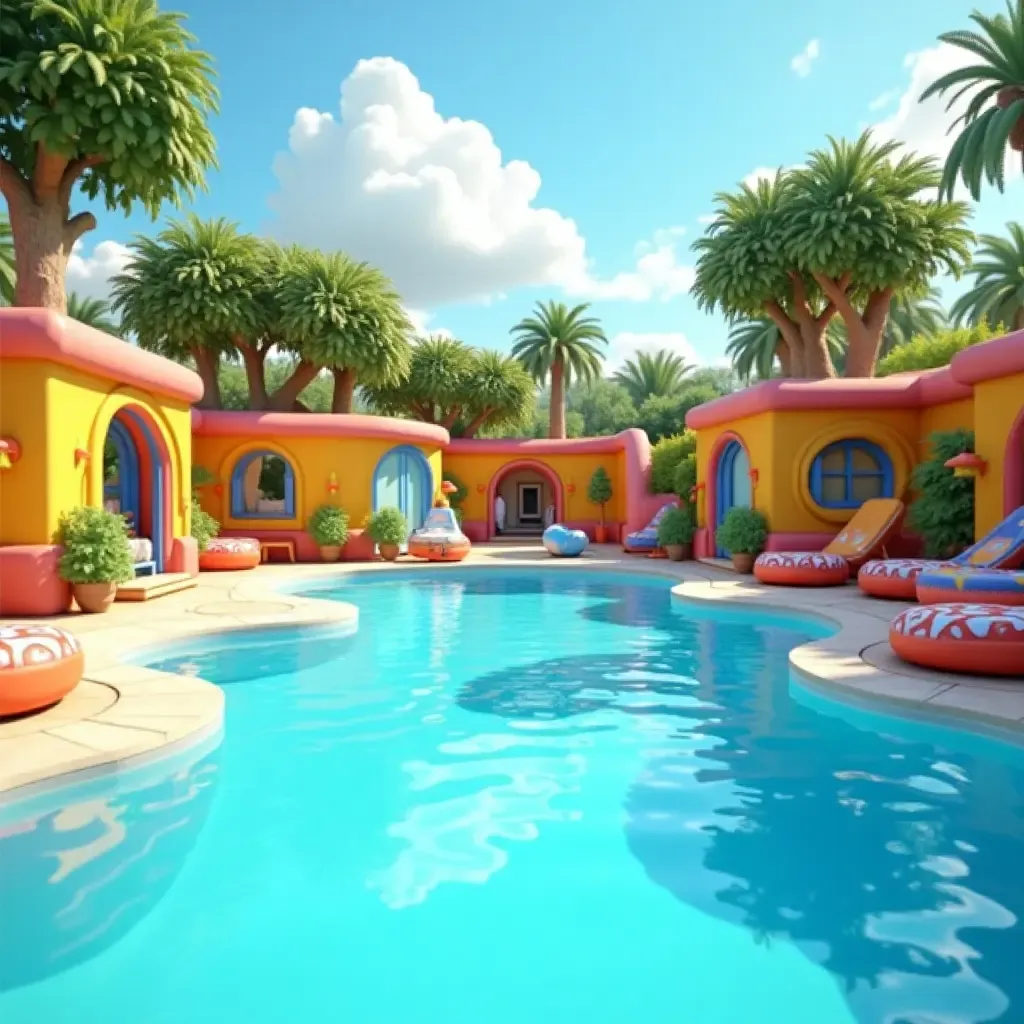 a photo of a family-friendly pool area with colorful inflatables and playful decor