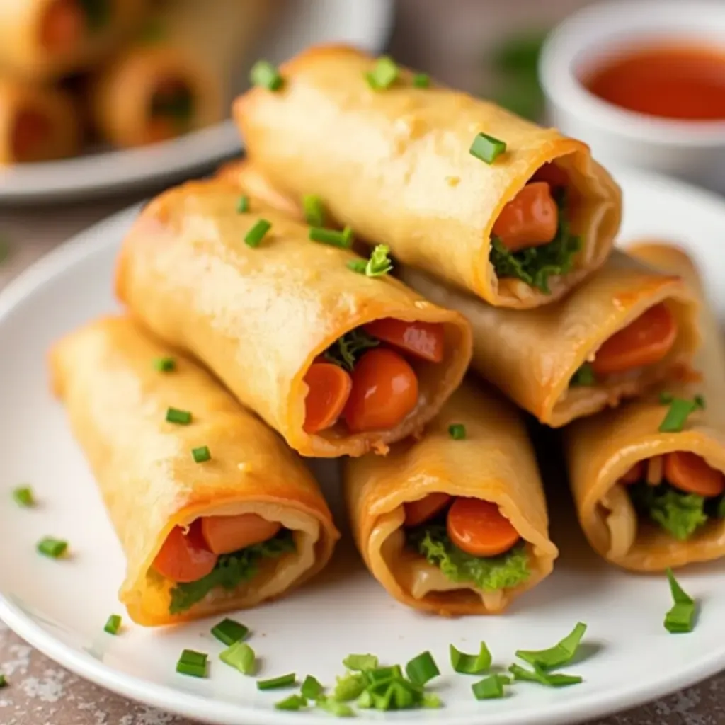 a photo of a plate of crispy vegetarian spring rolls with a side of sweet chili sauce.