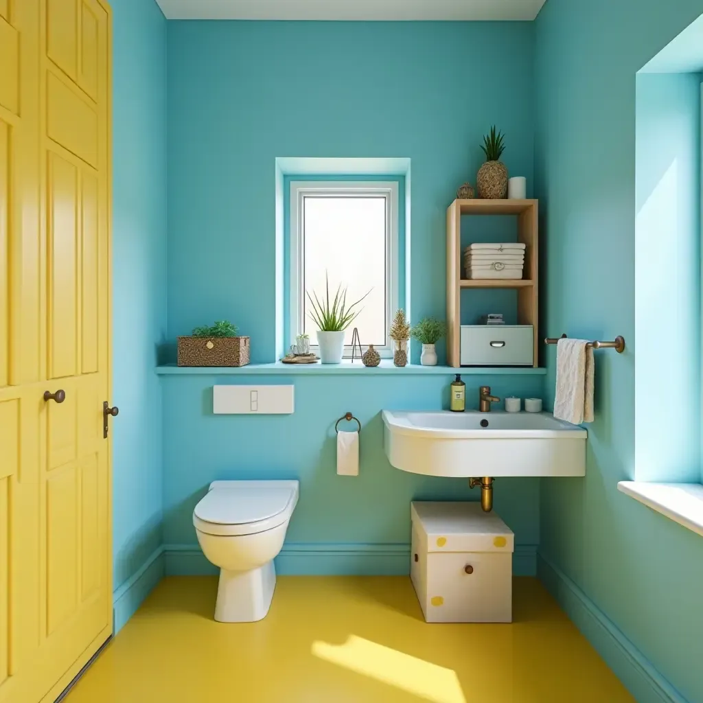 a photo of a playful blue and yellow bathroom with quirky accessories