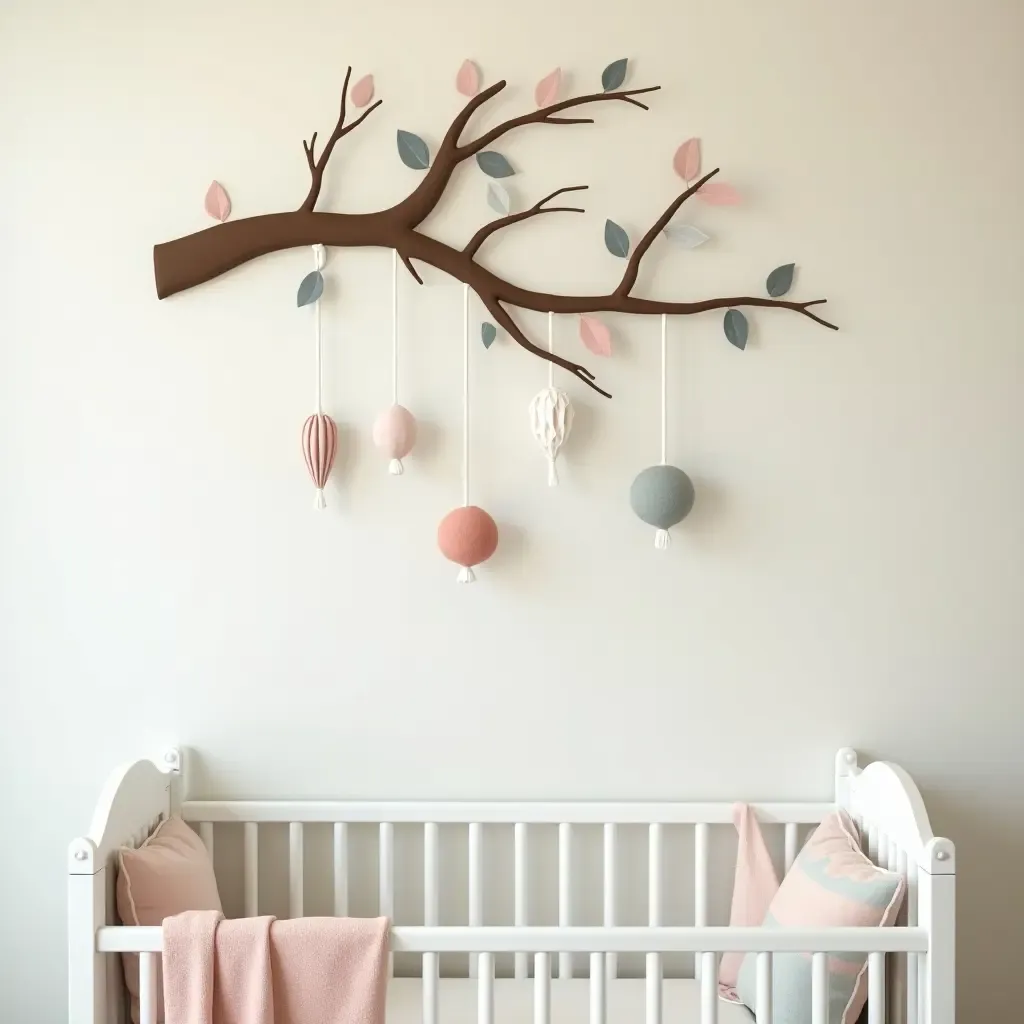 a photo of a nursery with a whimsical tree branch mobile and soft colors