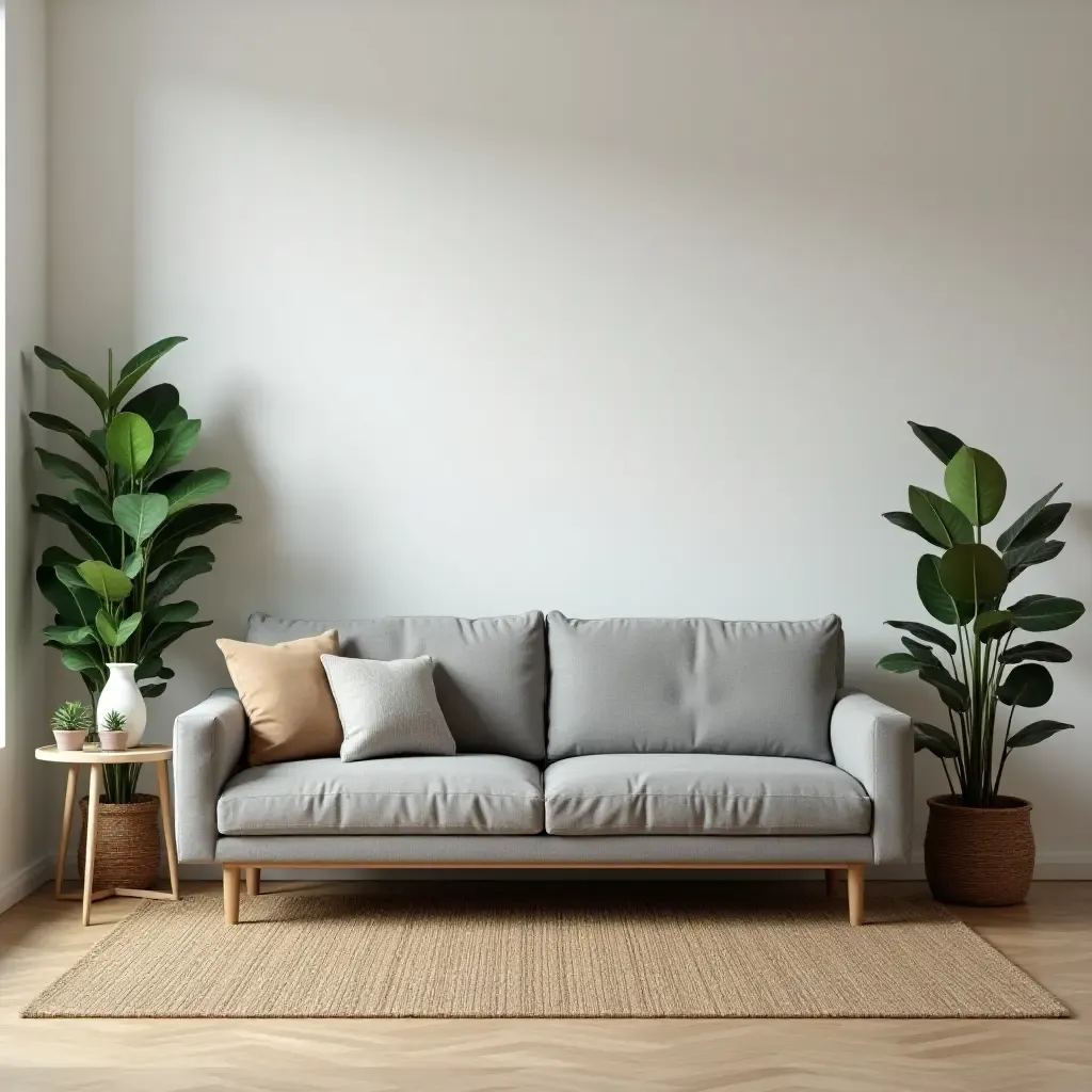 a photo of a grey sofa paired with mid-century modern furniture and plants