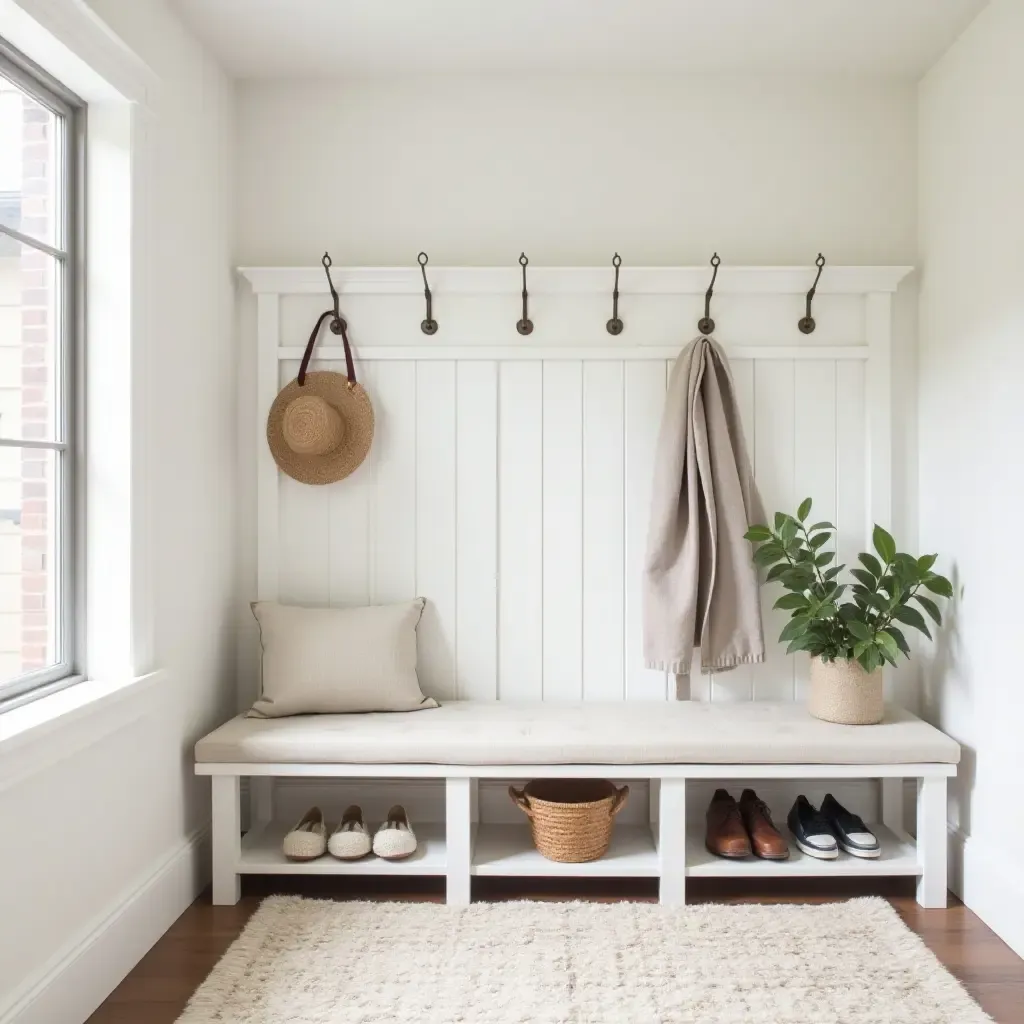 a photo of a chic farmhouse-inspired basement entryway with hooks and benches