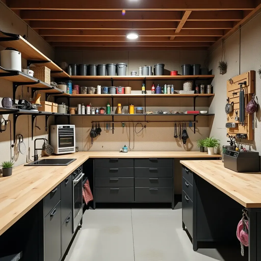 a photo of a basement craft area with metal organizers and wooden tables