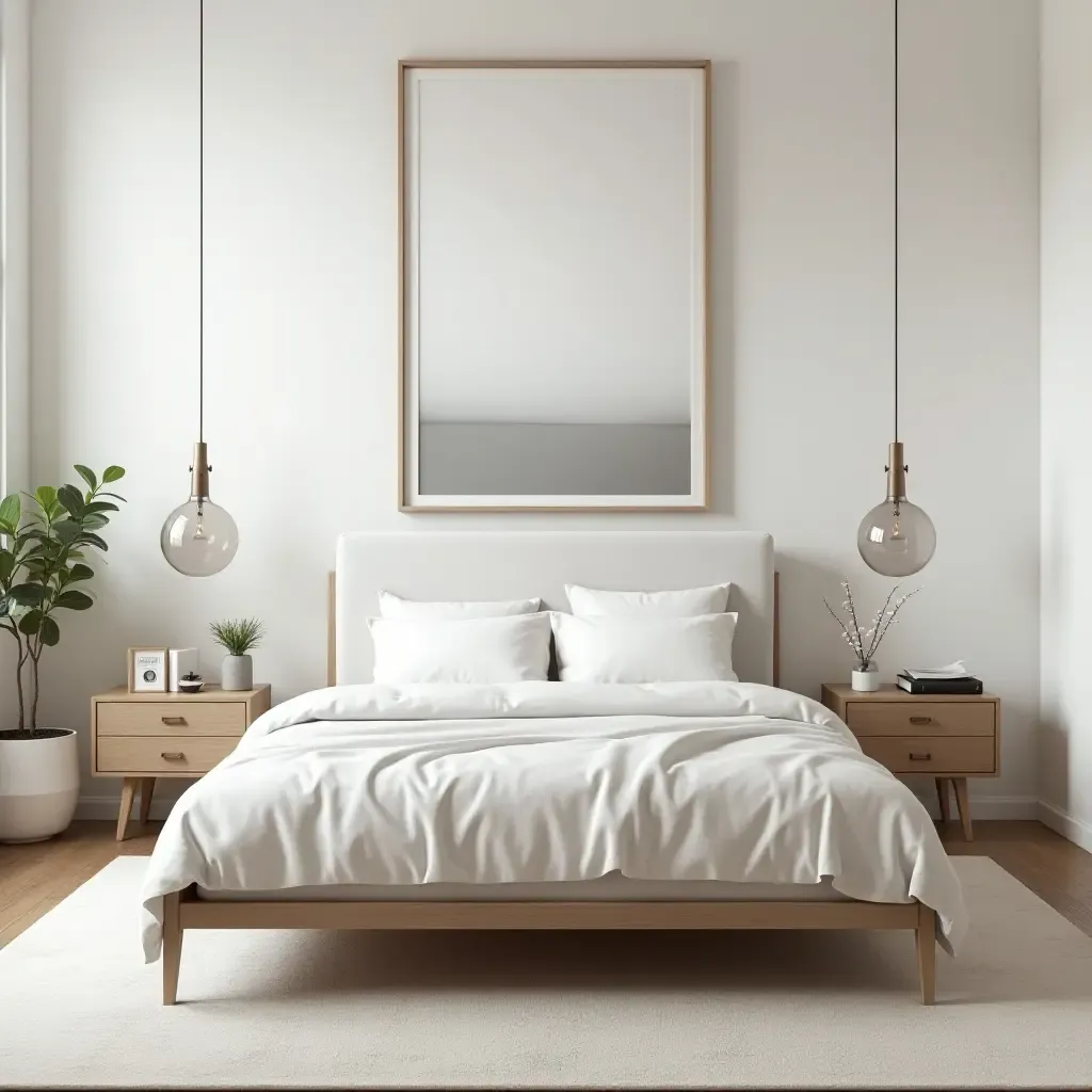 a photo of a minimalist bedroom featuring a vintage bed frame and contemporary art