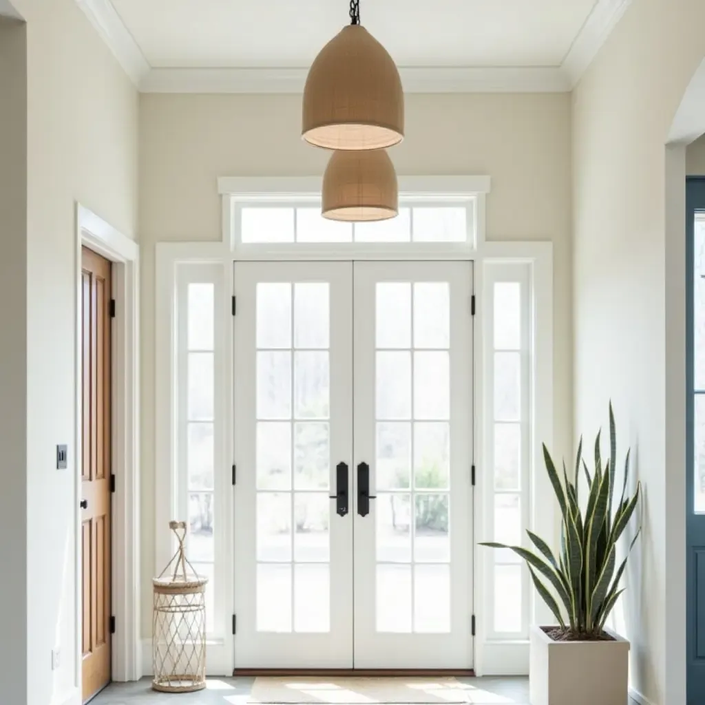 a photo of a coastal-themed entrance hall with nautical pendant lights