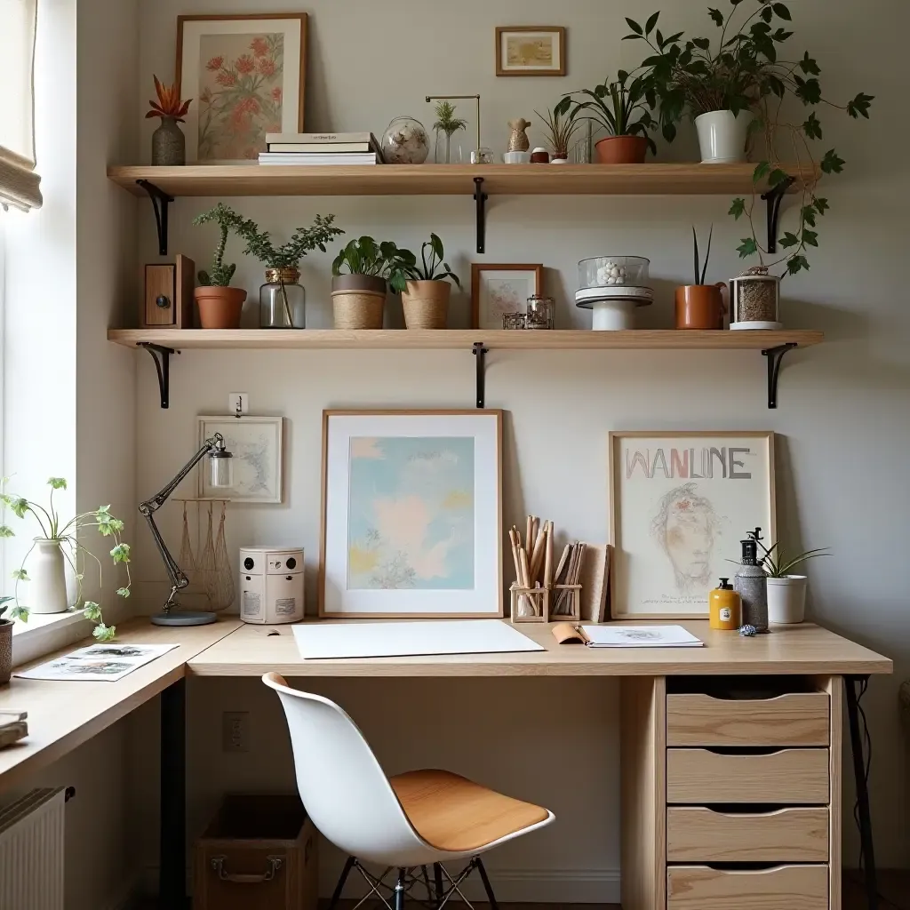 a photo of open shelving in a workspace with creative supplies and art