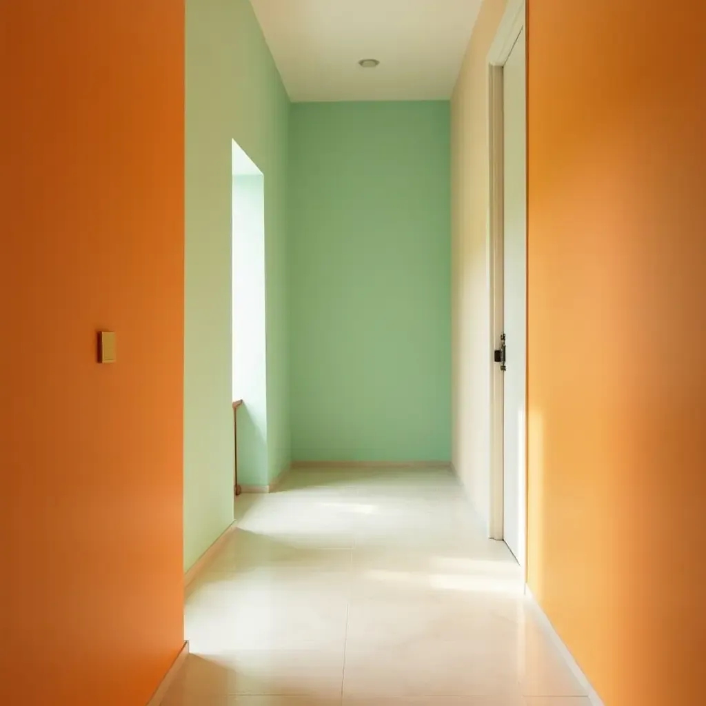 a photo of a cheerful tangerine and soft mint hallway