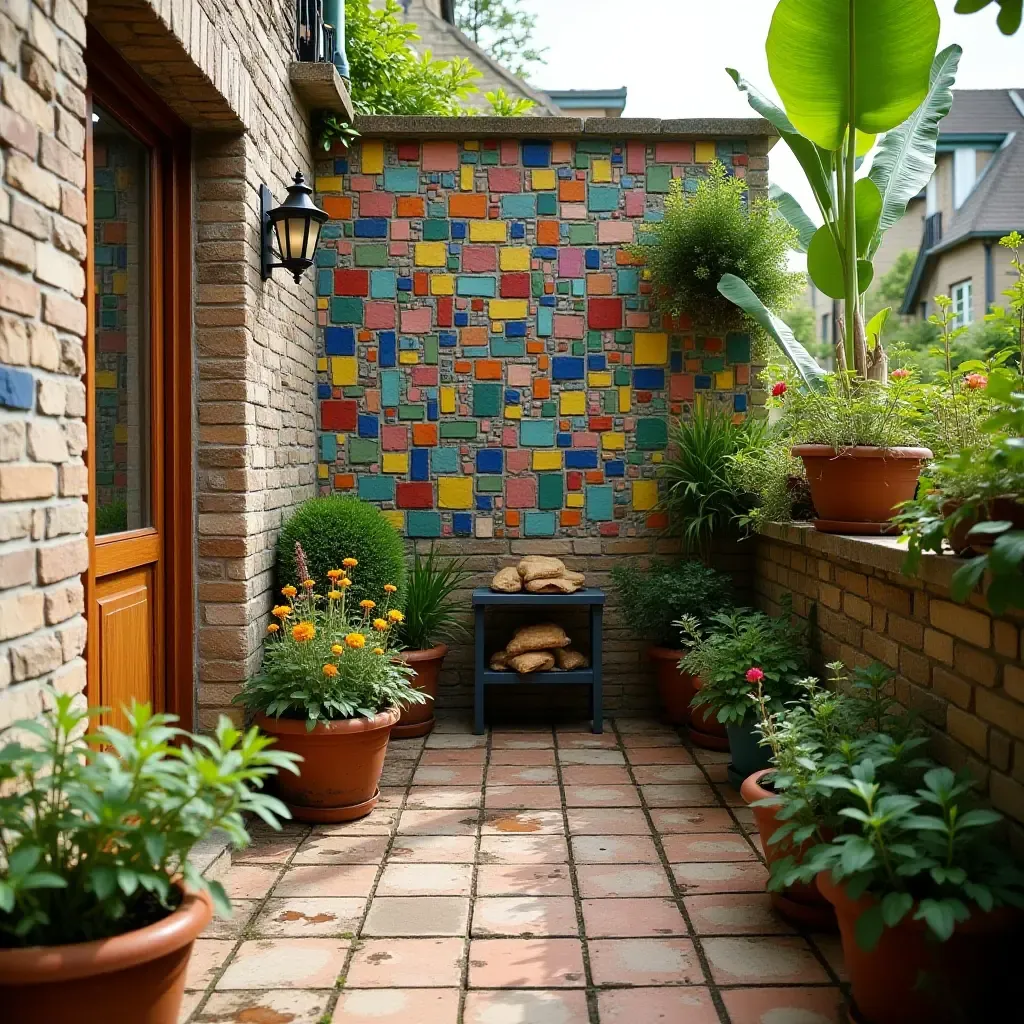 a photo of a colorful mosaic tile garden wall on a small balcony