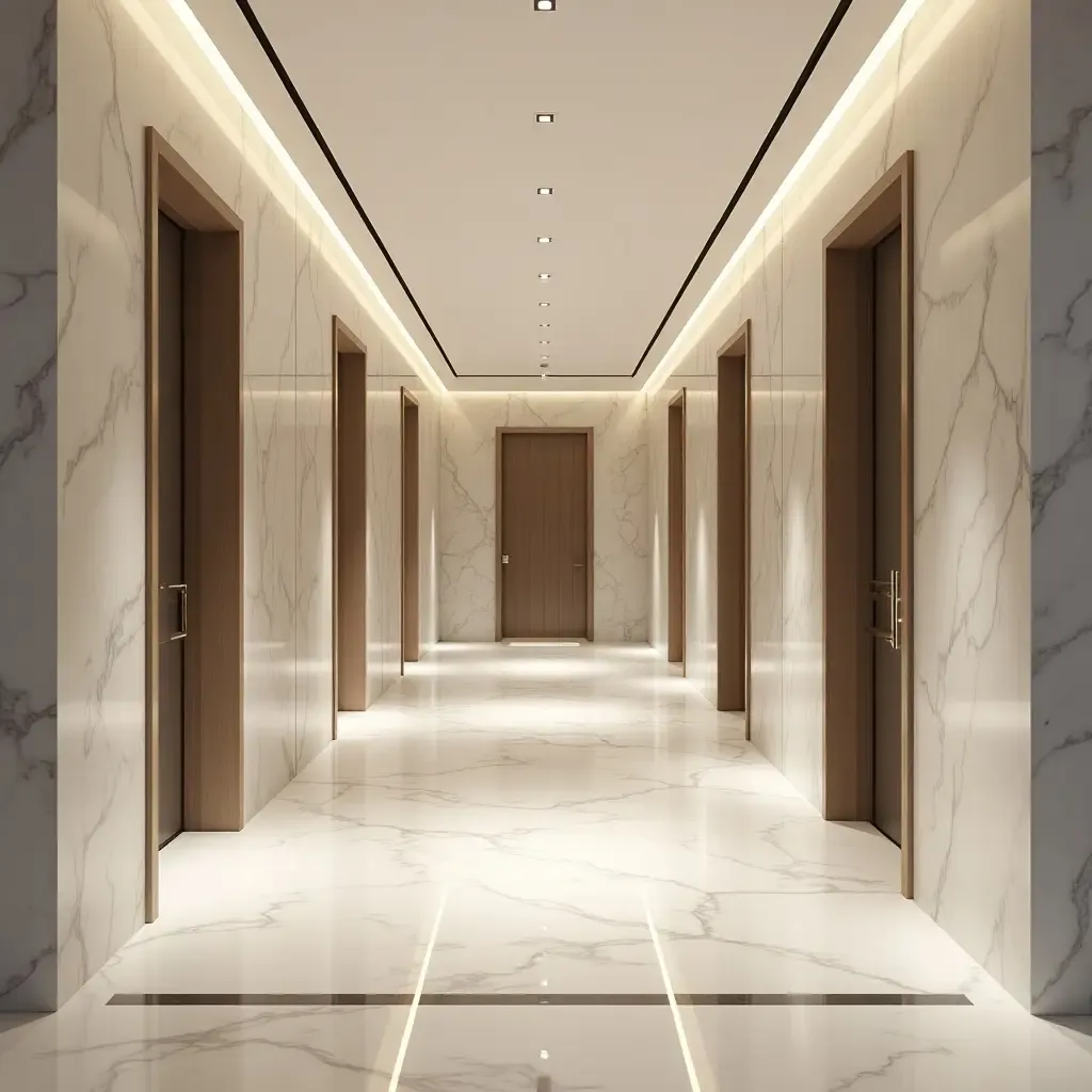 a photo of a marble corridor with elegant lighting and minimalist decor