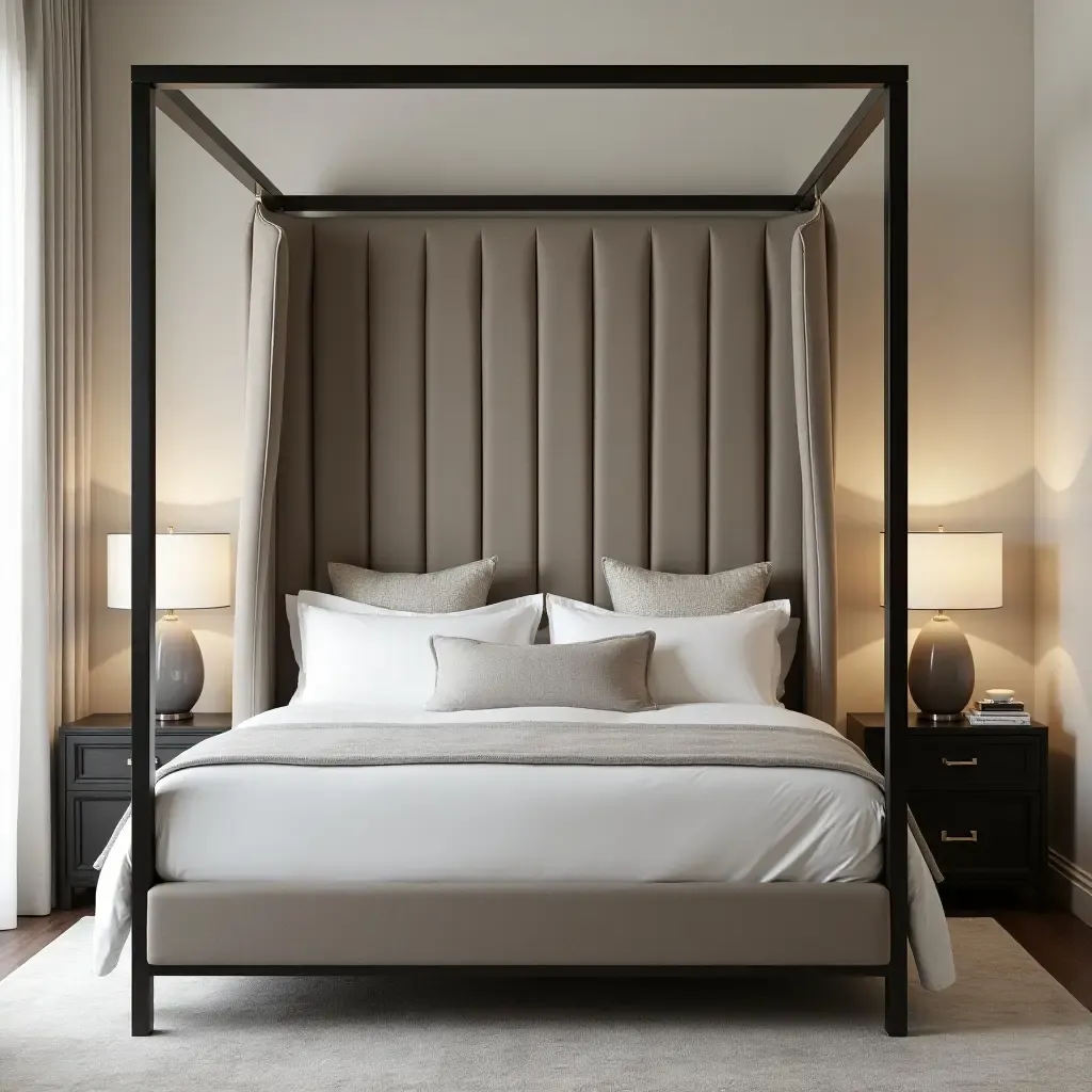 a photo of a stylish canopy bed with a tufted headboard