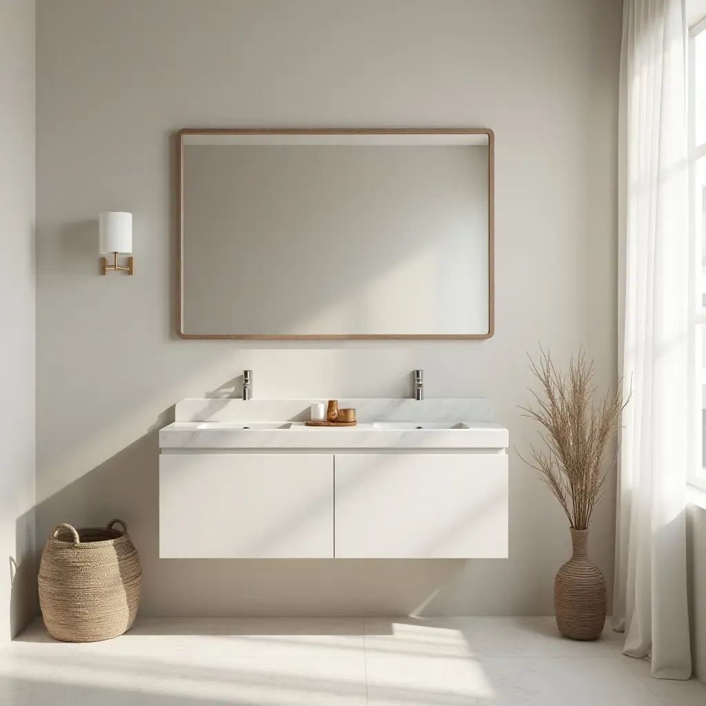 a photo of a serene bathroom vanity with calming colors and soft textures