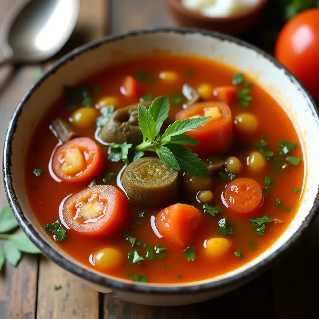 a photo of rustic Italian minestrone soup with seasonal vegetables and herbs.