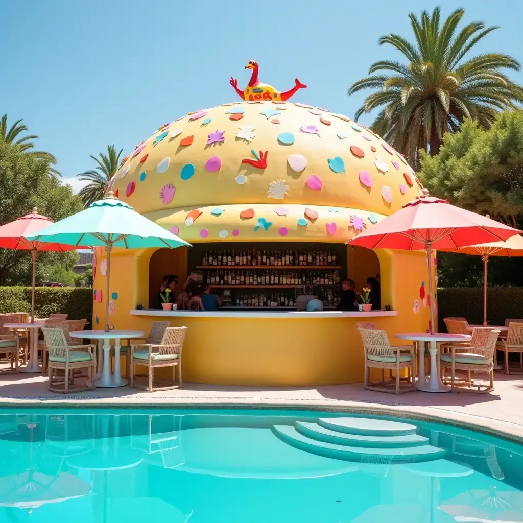 a photo of a whimsical bar with colorful umbrellas and playful decor by the pool