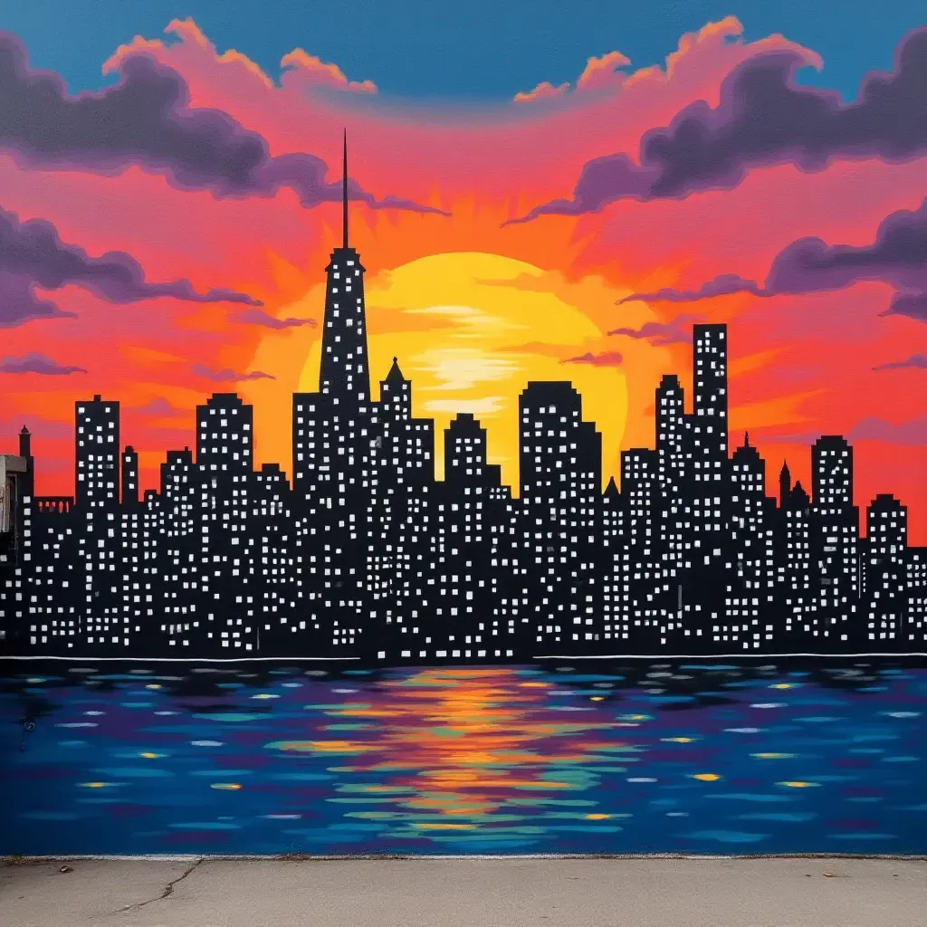 a photo of a mural featuring a city skyline at sunset