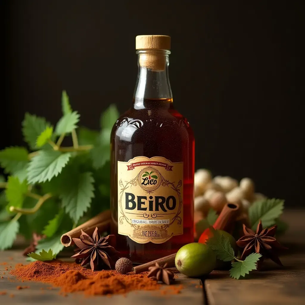 a photo of a rustic bottle of Licor Beirão, a herbal liqueur, surrounded by fresh herbs and spices.