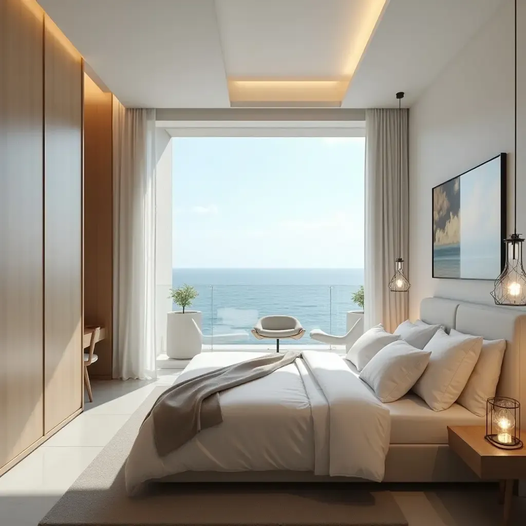 a photo of a spacious bedroom with a terrace overlooking the sea